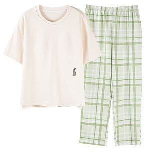 New Cotton Women's Pajama Set Short Sleeve Pullover Top Long PJ Pants Sleepwear